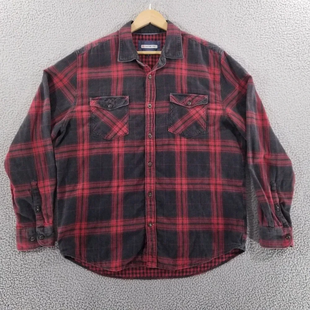 32 Bar Blues Shirt Mens Large Black Plaid Double Wall Layer Buffalo Check Plaid